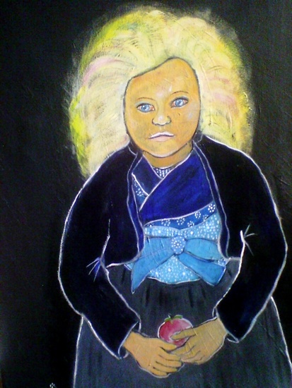 Blauw meisje met rode appel