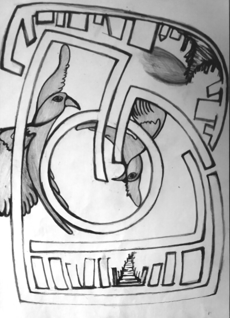 tekening abstract  combi koolpotlood en kleurpotlood