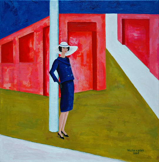 vrouw in mantelpak '60