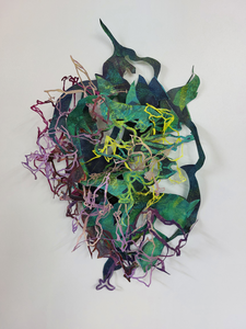 wandsculpturen van in mixed media bewerkt papier, geïnspireerd door verschijningsvormen in de plantenwereld.