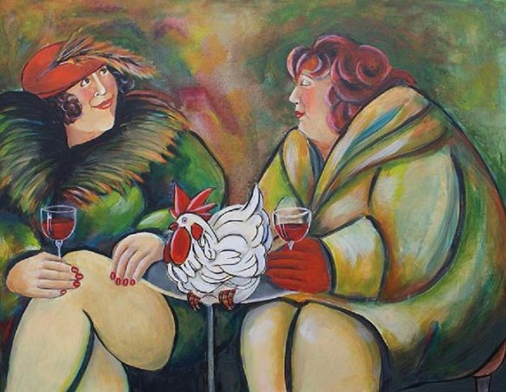 dames met kip op tafel