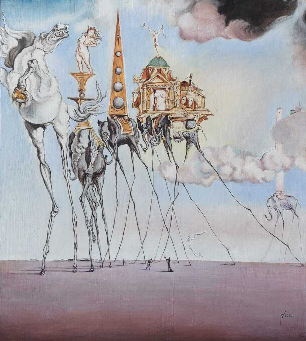 reproductie verzoeking van de heilige Antonius van Dali op wijnkistje