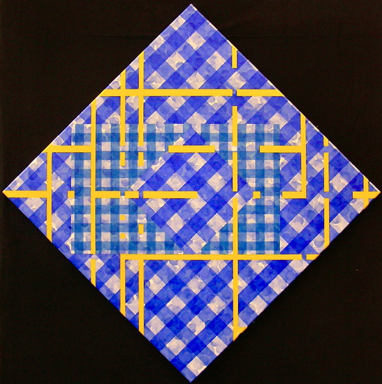 Ruitcompositie nr. 31 in blauw met gele gebroken lijnen.