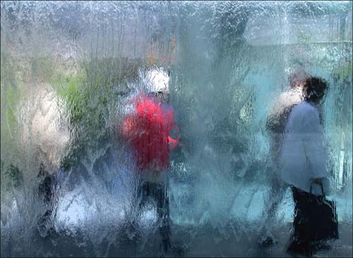 Behind the water facade