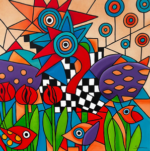 Acrylschilderijen in vrolijke kleuren op katoen