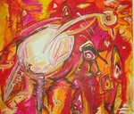 Kleurrijk werk op papier, met als thema :Vogels in snelheid .Uitgevoerd in diverse versies en kleurstellingen en al ingelijst met brede witte passepartouts (9 cm) en een brede zilverkleurige lijst(5 1/2 cm).Gemiddelde grootte 100v120.Sommige achter glas.