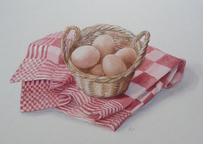 eiermandje op rode theedoek