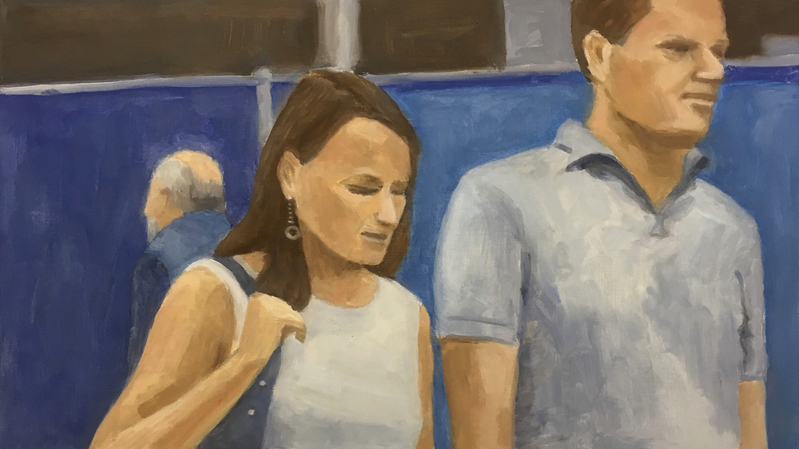 two people passing by