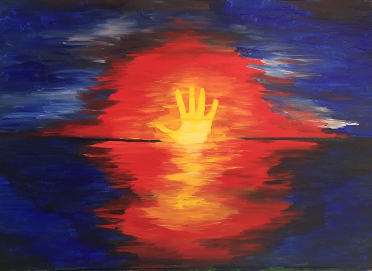 Zonnige zonsopgang. Gemaakt met acrylverf. Formaat 70cm x 90cm.