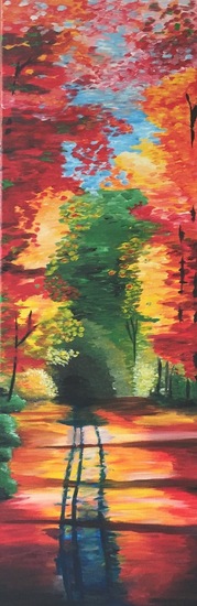 Een kleurrijk bospad.  Techniek: Acryl. Afmeting: 29,5 cm, 90cm.