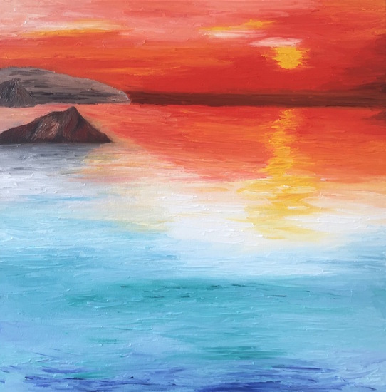 Een serene tropische zonsondergang. Techniek: Olieverf. Afmeting: 50cm x 50cm