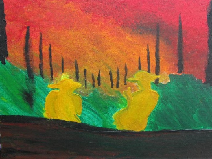 Two ladies Sipping on Tea in a Burning Forest