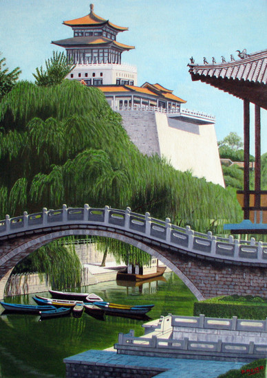 Tempel met rivier en boten