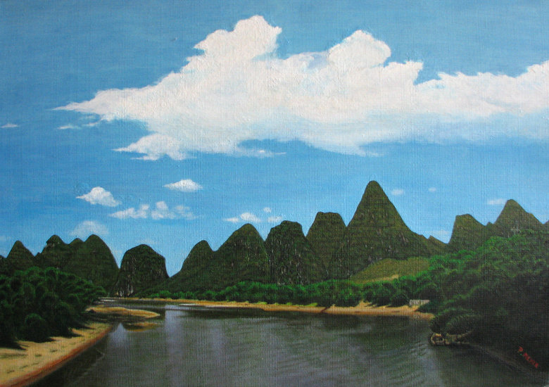 Suikerbergen bij Guilin vanaf de Li-rivier