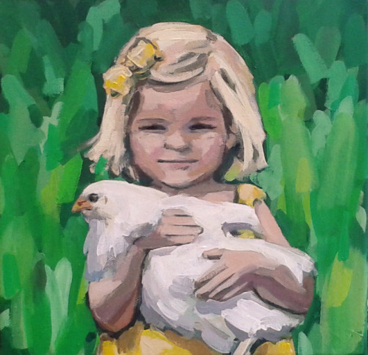 Meisje met kip (gele jurk)
