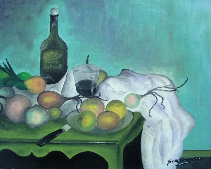 Stilleven met fruit en uien.