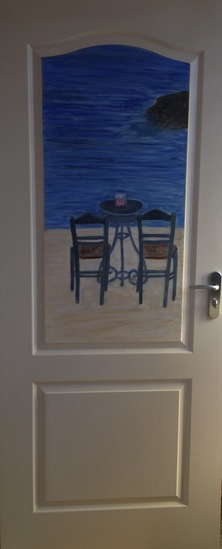 Deurschildering zeegezicht met grieks tafereel.