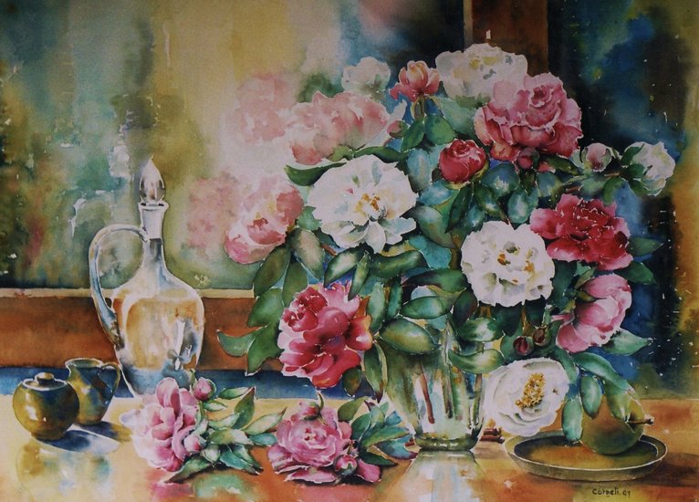 Pioenrozen en spiegel