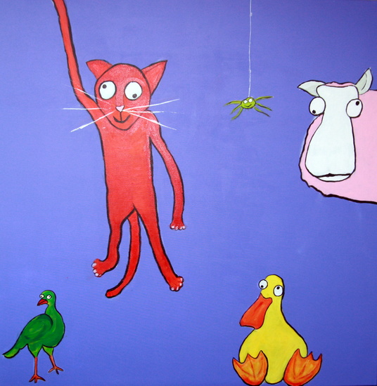 Sheep, bird, duck, cat and the spider oversee the rest