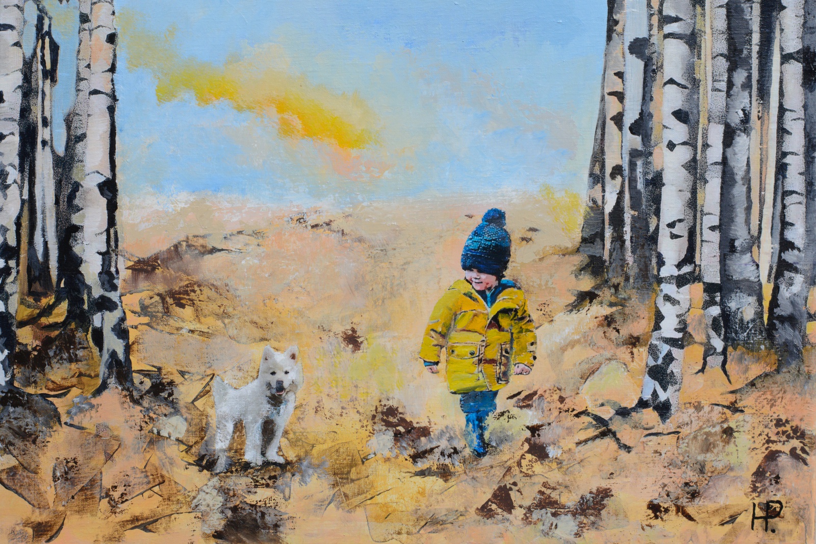 The boy, his dog and the birch