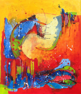 Krachtig kleurgebruik ( Cobra)
Vrolijk, enthousiast en aanwezig.
Acryl/Olie mixed media. Gebruik van verschillende materialen en technieken in een werk.
De ambachtelijke spieramen zijn gemaakt door Lijstenmaker Jan Gerritsen Apeldoorn.

