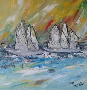 Strand en zee schilderijen, gemaakt n.a.v. vakanties. Geschilderd met acrylverf.