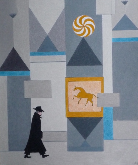 abstracte kompositie met figuur en paard