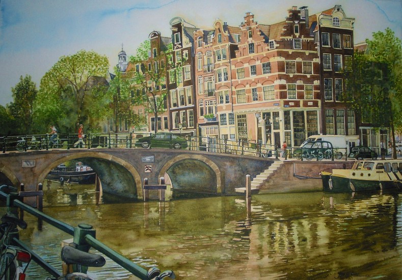 Amsterdam -Brouwersgracht/Prinsengracht met cafe Papeneiland