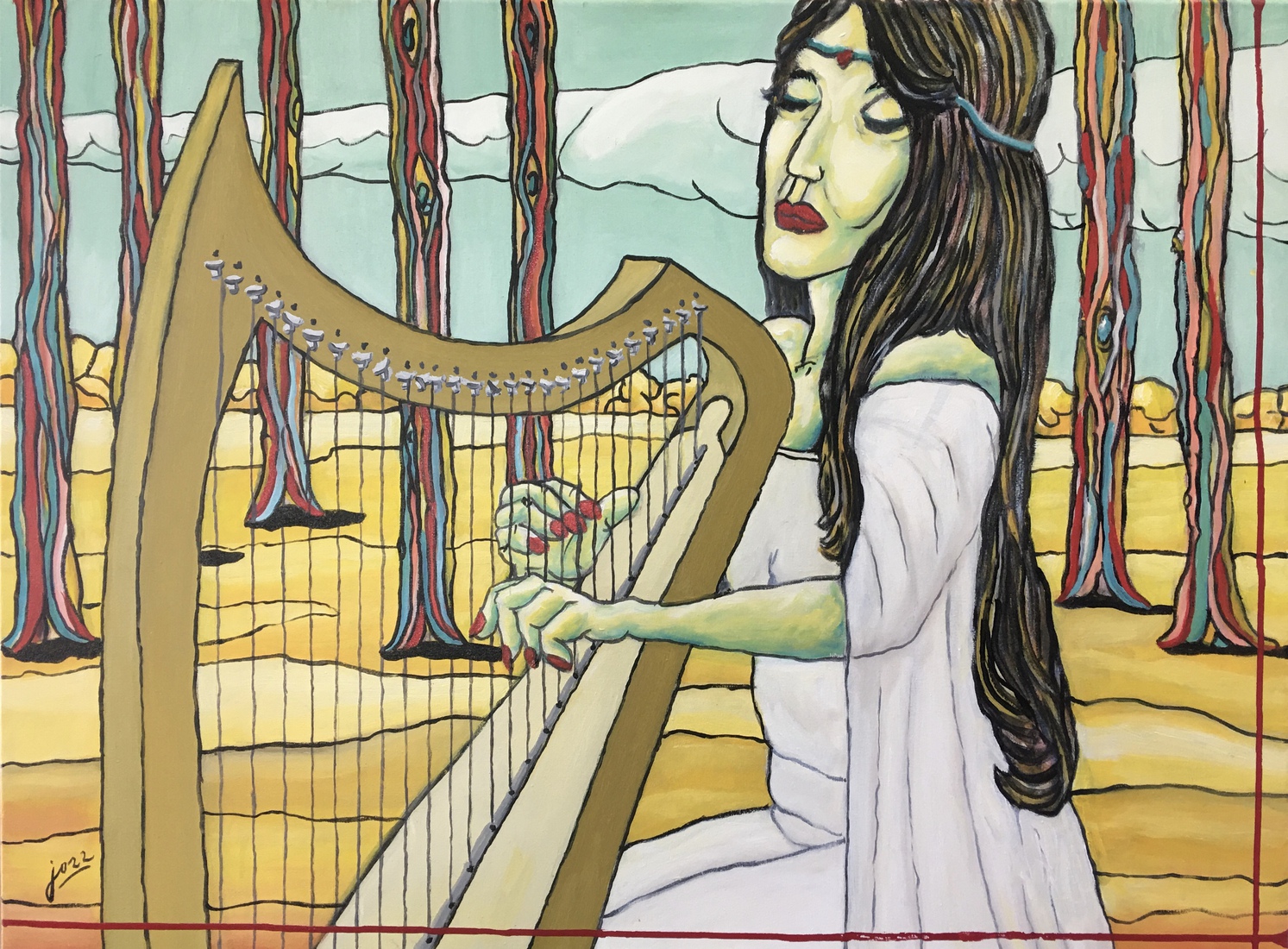 Fralalai playing harp in the wood