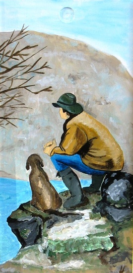 Man met Stetson en hond