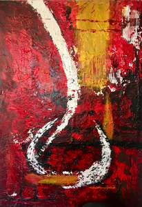 Werk met acrylverf, papier, zand en in lagen opgebouwd