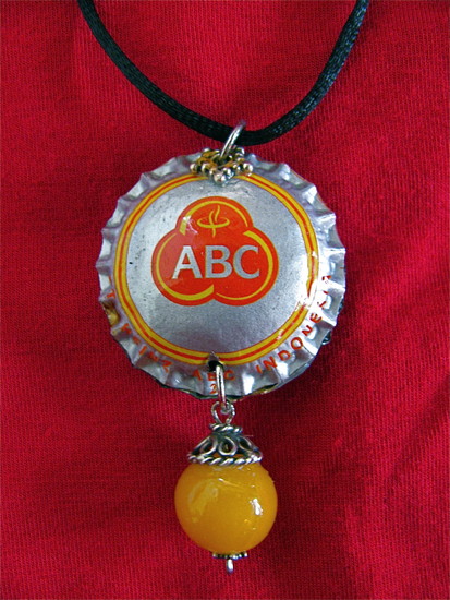 Bottle cap necklace ABC, silver and glass beads