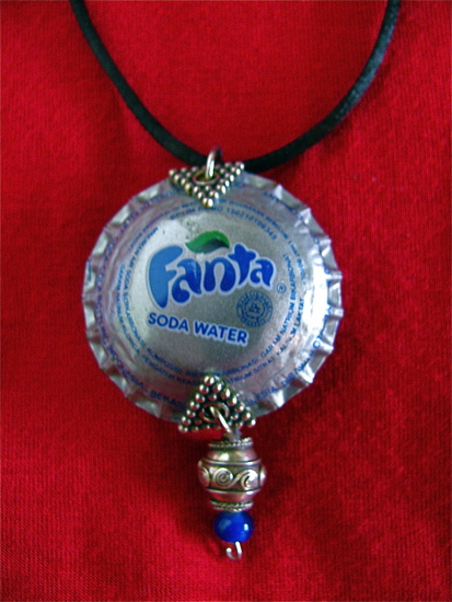 Bottle cap necklace,Fanta, with silver and glass beads