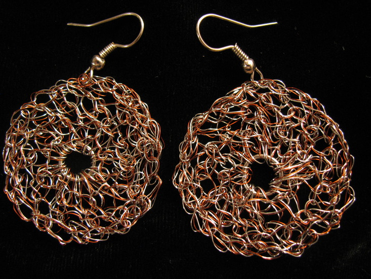 simple crochet earrings, copper and silver