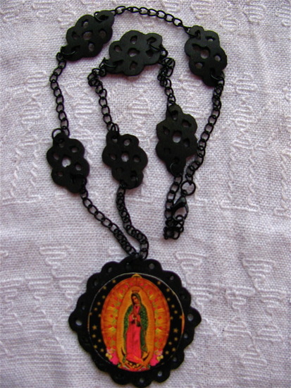 Recycled Virgin of Guadalupe necklace