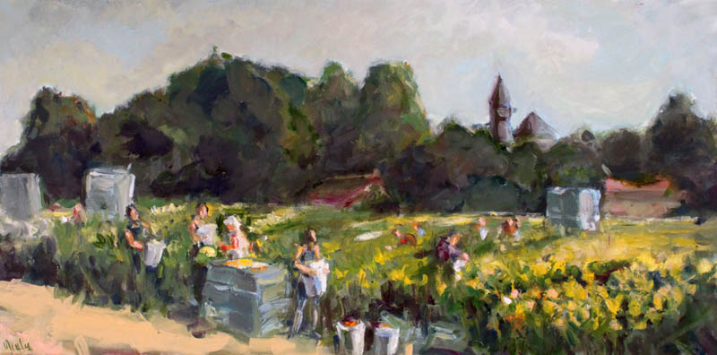 Yellow Flowerfield with workers