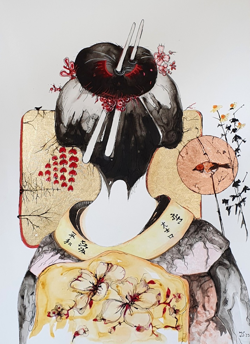 Japanse vrouw  met opgestoken haren ..