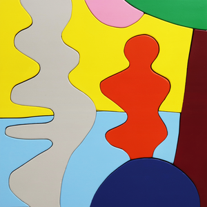 Werken opgebouwd uit gekleurde vormen gezaagd uit multiplex, gemonteerd op een drager van multiplex (zwart).