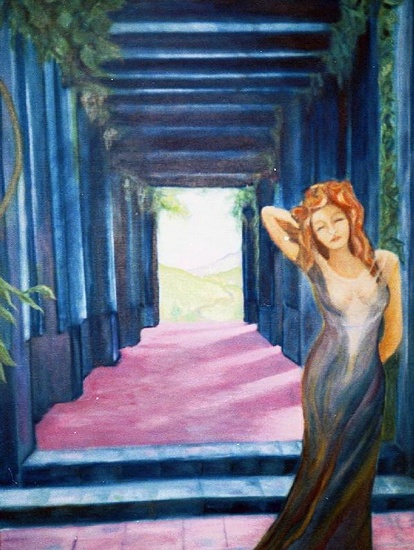 Vrouw in blauwe poort