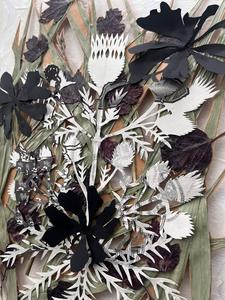 In deze gelaagde serie ontmoeten bladeren, boekpapier en papercut elkaar. Herhalende vormen in aquarel en rijstpapier creëren een subtiel spel van ritme, transparantie en textuur, waarin natuur en verbeelding samenkomen.