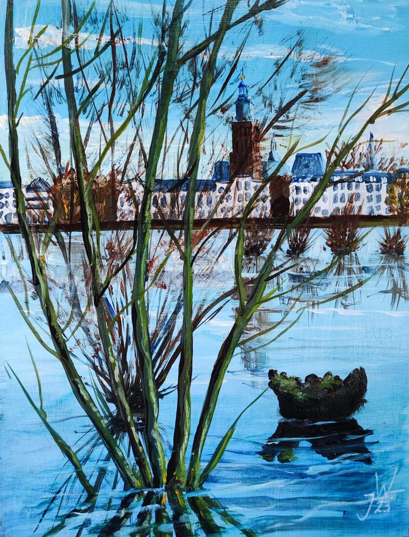 Gezicht op Zutphen met hoogwater in de IJssel