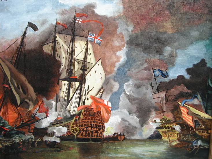 Engels schip onder vuur.