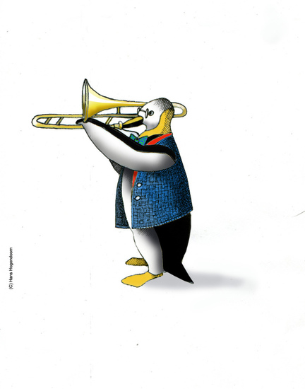 Pinguin speelt schuiftrompet