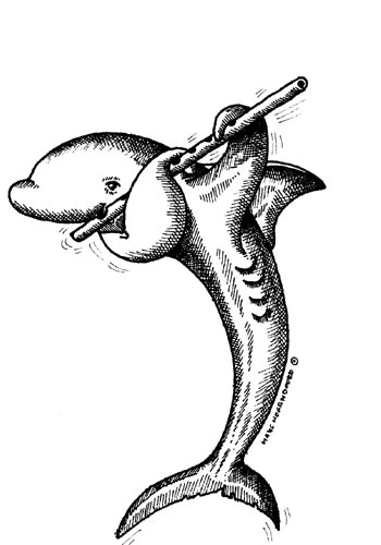 Fluit spelende Haai. (zwart/wit)