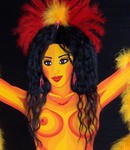 De groene jungle en Latijns-Amerikaanse samenleving, de kleuren & geuren, alles is zó intens. Ik heb het zelf ervaren en ben met grote passie aan de slag gegaan met o.a. een echte vogelspin. Indianen, Native Americans met hun spirits en de Country & Western lifestyle hebben altijd mijn interesse. Mijn materiaal bepaalt wat er op 't doek komt.