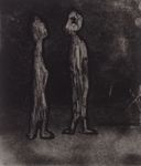 Ontmoetingen. Het zijn twee figuurtjes die elkaar toevallig ontmoet hebben en in gesprek zijn geraakt. De figuren zijn vreemd, droomachtig, bijna buitenaards. De serie 'ontmoeting' bestaat uit vijf afdrukken van dezelfde etsplaat, een suikerets. Door bij elke afdruk de inkt anders over de plaat te verdelen, zijn er vijf unieke prenten ontstaan.