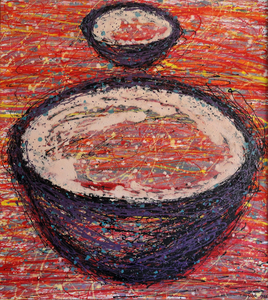 Sfeer schilderijen met schalen die belangrijk zijn voor de mens als vervoer , opslag om te delen en te nemen. Elk schilderij heeft een eigen sfeer. Olieverf, acryl, zand op linnen en Studies op papier.