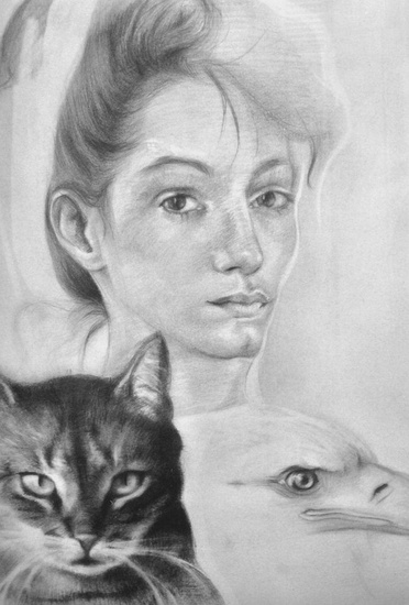 zelfportret met kat en vogel