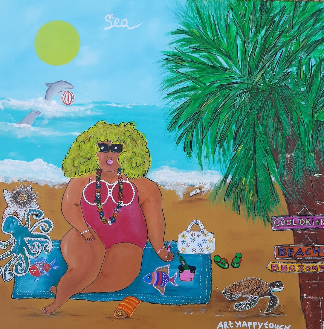 Dikke dame aan zee Verkocht
