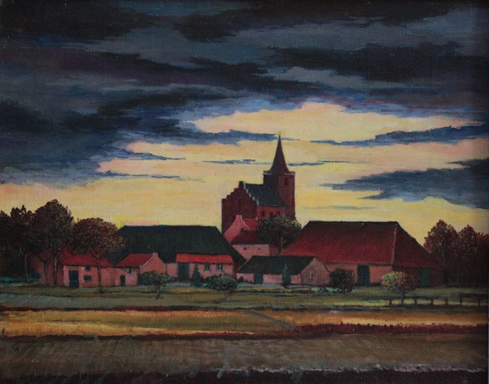 kerk met boerderijen
